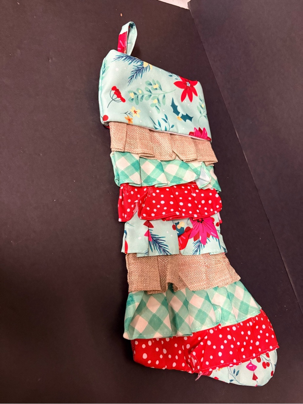 Pioneer Women vintage Ruffled Holiday Stocking - Mint, Red & Tan